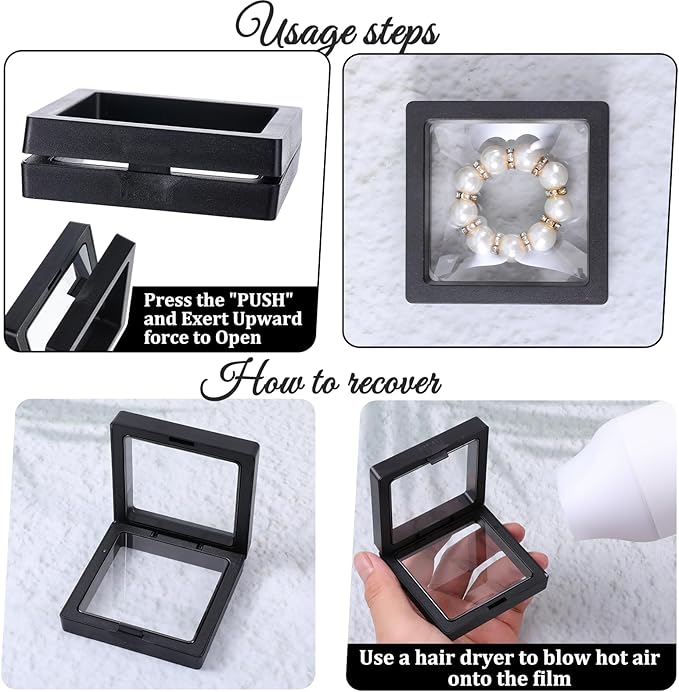 Oqqlin 60 Pcs 3D Floating Display Case, 2.8 x 2.8 x 0.8 Inch Clear PE Film Jewelry Display Case Black Square Coin Holder for Jewelry, Rings, Antique Challenge Coins, Shells, Rocks, Specimen