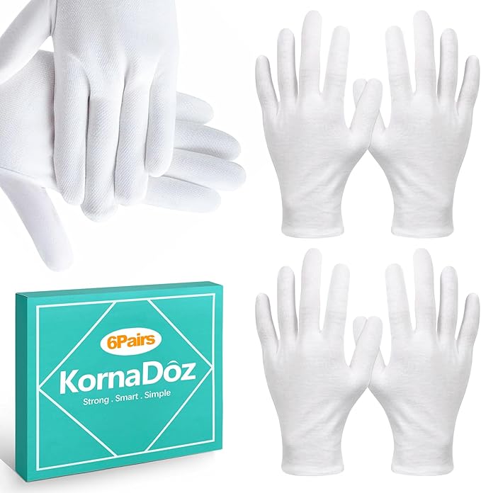 KornaDoz 6 Pairs White Cotton Gloves, Thin Inspection Gloves for Women and Men, Soft for Dry Hands, Works for Coin, Art Handling and Archival