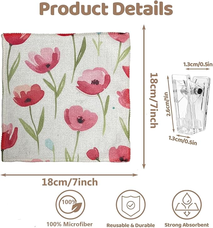 8-Pack Ultra-Fine Microfiber Kitchen Towels, 7-Inch Square with 8 Clips & Multiple Patterns – Soft, Absorbent, Reusable Cleaning Cloths (Flowers)