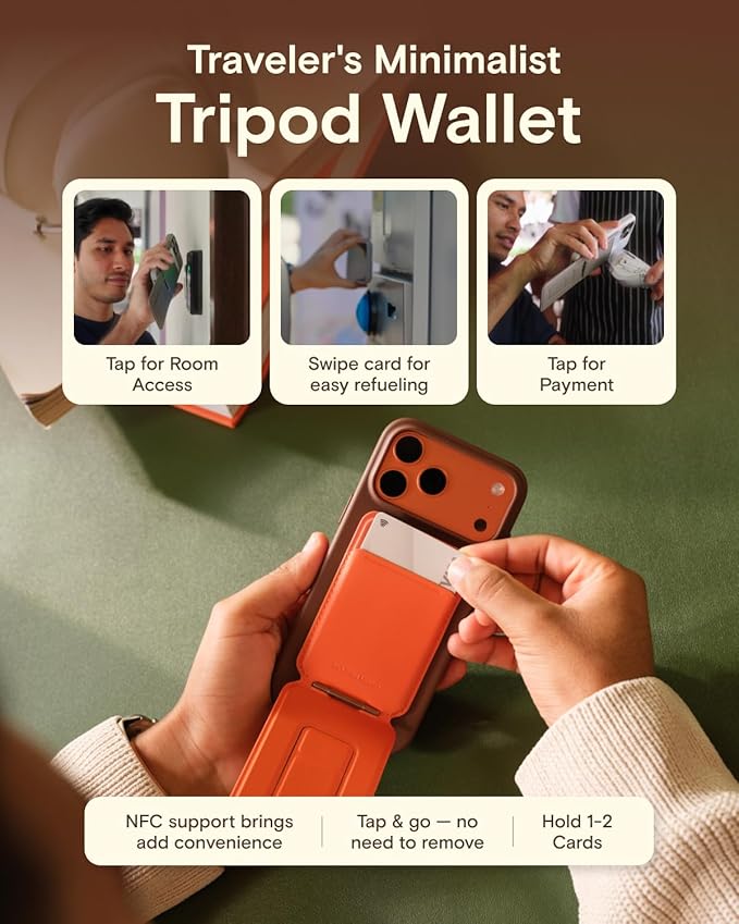 MOFT Phone Tripod Wallet for iPhone, Mulit-Angles, Lightweight & Portable Phone Stand, MOVAS Vegan Leather Magnetic Wallet, Strong Magnets, NFC Card Holder,Travel Essential, Brownie (with Card Slot)