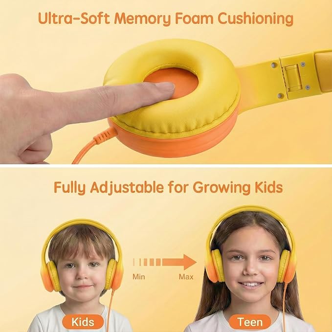 Wired Kids Headphones with USB C Plug, 85dB Safe Volume, Adjustable Headband, Tangle-Free Cord Headphones for School, Tablet, Travel (Yellow & Orange, Without Microphone)