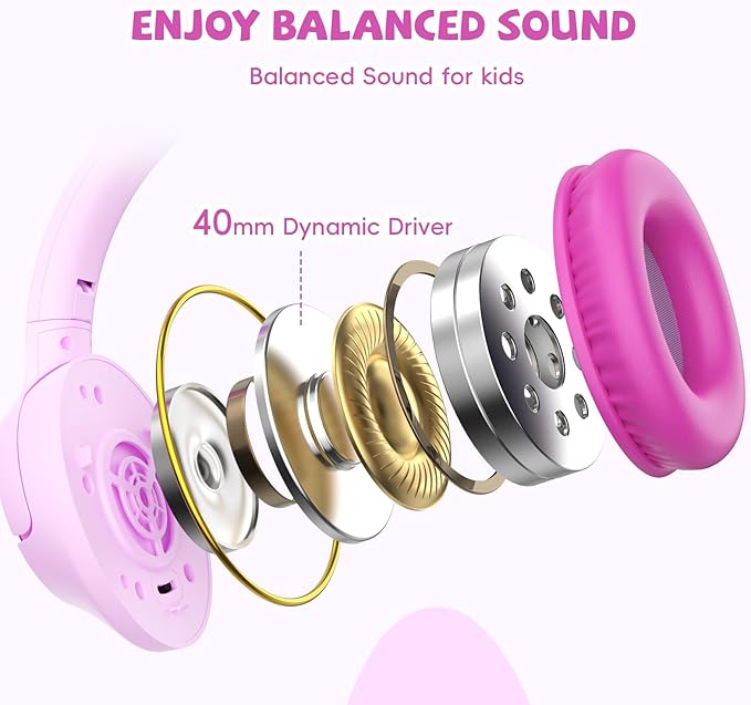 Kids Headphones Wired with USB C Plug, 85/94 dB Volume Limit, USB Type C Headphones for Kids Boys Girls, Foldable Stereo Sound Over Ear Wired Headphones for School/Tablet/Travel, Fuscia Pink