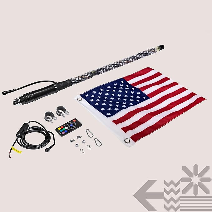 True Mods 2ft Spiral RGB LED Whip Light for UTV ATV [RF Wireless Remote] USA Flag Waterproof LED Lighted Whip CB Antenna Pole Stick for RZR Can-Am Polaris SxS 4x4 Quad Dune Buggy 4 Wheeler Accessories