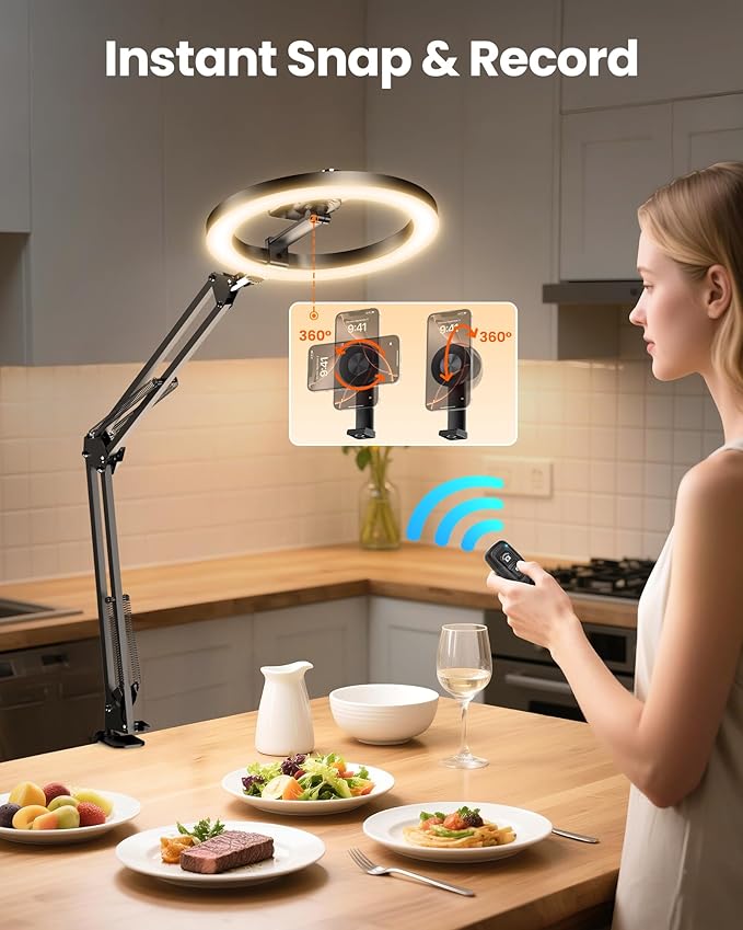 Magnetic Ring Light Overhead Camera Phone Mount for Desk, 10” Selfie Light for iPhone with MagSafe-Compatible Phone Holder for Video Recording, Zoom Meeting, Live Streaming