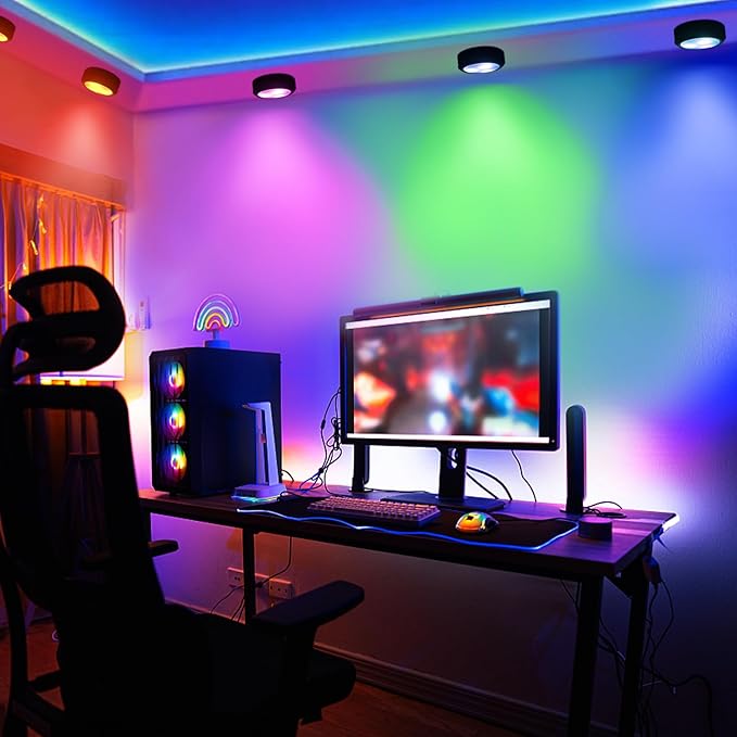 LED Puck Lights with Remote, 7 Colors Under Cabinet Lighting Wireless, Battery Operated RGB Dimmable Push Lights for Closet, Kitchen, Under Counter, Bar Display Shelf (1 Pack)