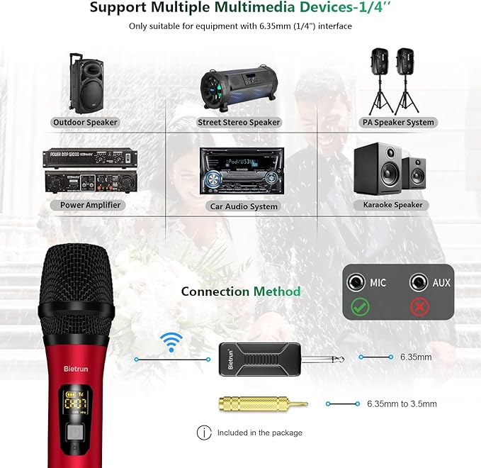Wireless Microphone, Uhf Metal Dynamic Handheld Karaoke Mic, Rechargeable Receiver (Work 6hs),160ft Range, for Karaoke, Singing, Stage, Wedding, Speech, Karaoke Machine, Speaker, Amplifier, Mixer