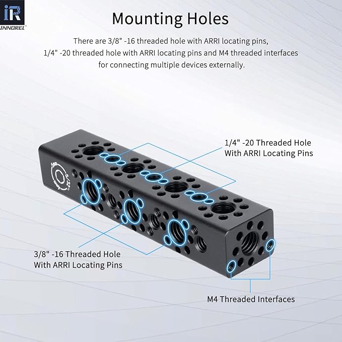 INNOREL CB4 CNC Aluminum Alloy Multi-Function Cheese Handle, Cheese Grip Extension Bar, Featuring 3/8" and 1/4" Arri Locating Holes for Camera Cage Frames, Cheese Plates, Any 3/8" Threaded Point
