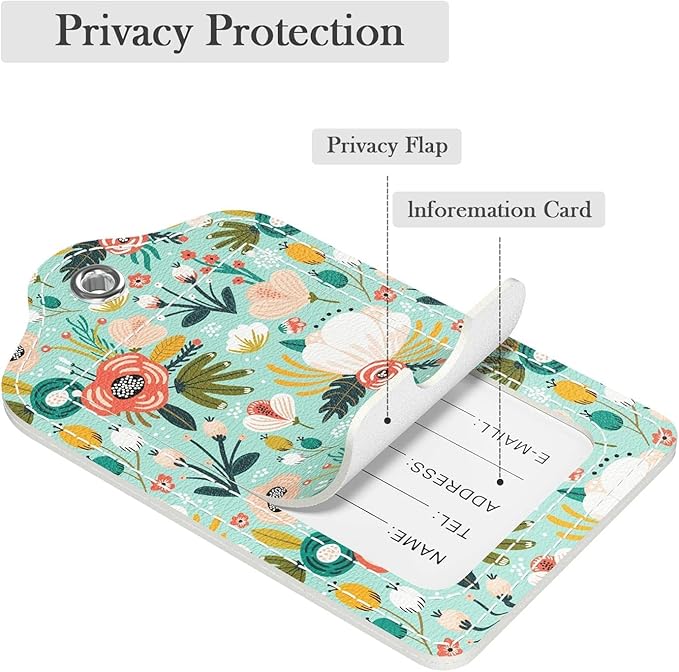 Luggage Tags for Suitcase, 4 Pack PU Leather Travel Cruise Luggage Tag with Privacy Flap, Name ID Label and Metal Loop for Women Men Girls Suitcase Baggage Bag Backpack, Green Flowers