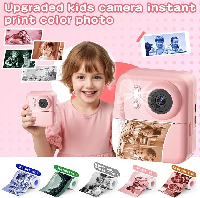Kids Camera Instant Print Color Photos, Dual-Lens Instant Print Camera for Kids, Toddler Portable Travel Digital Camera Toy for 6 7 8 Year Old Boys Girls Christmas Birthday Gifts 64GB Card