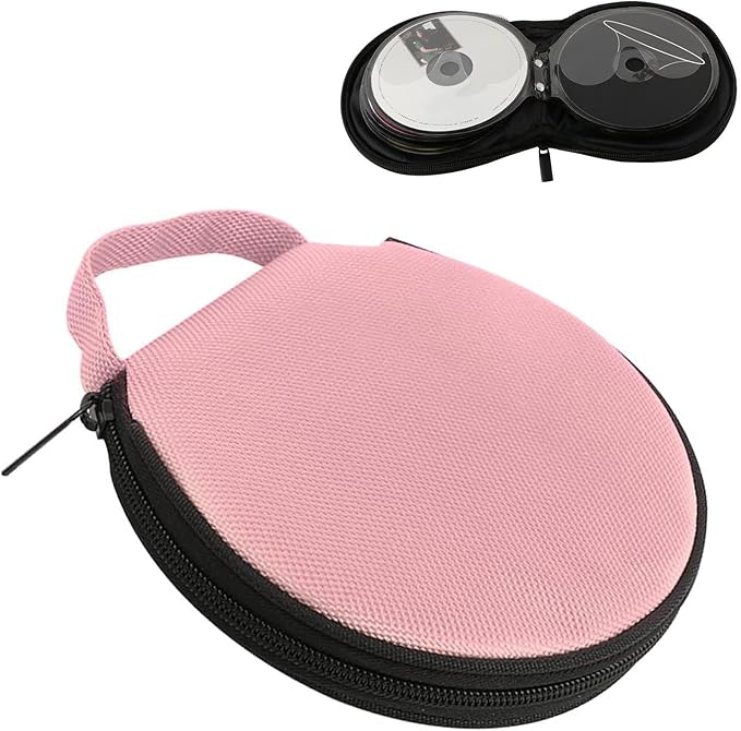 1 PC Car CD Case, Oxford Cloth Round CD Storage Bag with Handle, Waterproof Portable Large Capacity DVD Wallet File Organizer, Universal for Most Cars, Homes (Pink)