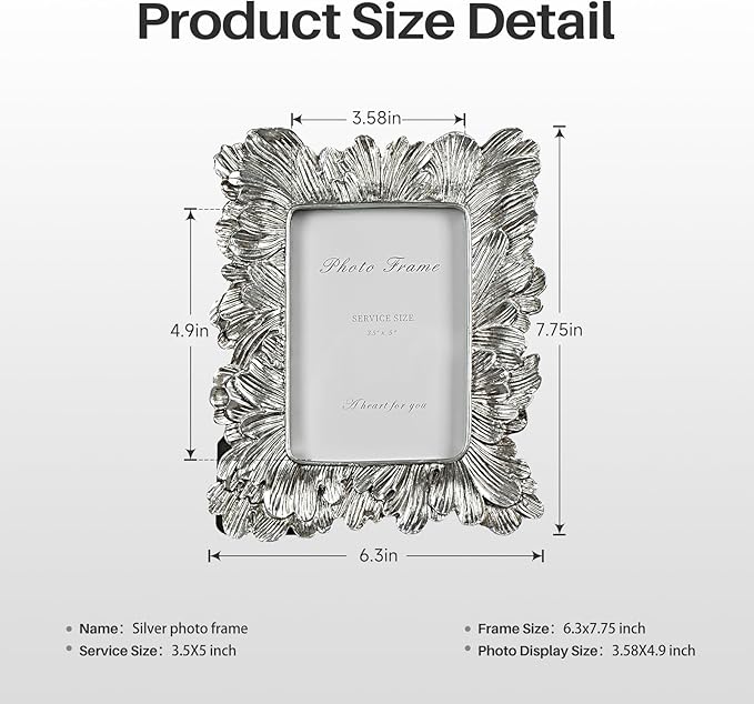 Cuspin Silver 3x5 Picture Frame, Vintage Silver Palm Leaves Textured Hand-Crafted Resin with Glass Front, Small Frames Elegant Wedding Frame for Wall Hanging and Tabletop Display