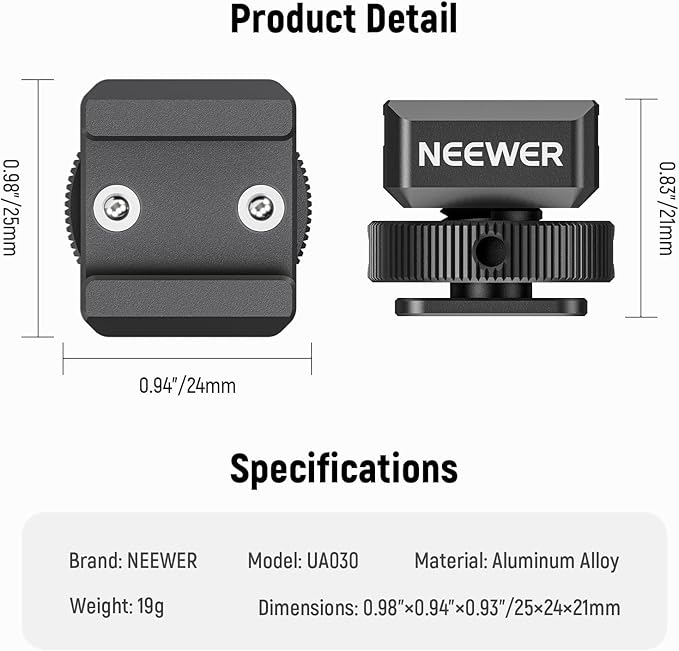 NEEWER 2PCS Cold Shoe Mount Adapter Compatible with DJI Hollyland Rode Wireless Lavalier Microphone Receiver, Anti Drop Mic Accessories with Retractable Pins, Metal Camera Cage Mount Adapter, UA030