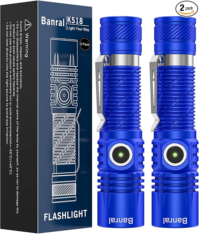 Banral Rechargeable Tactical Flashlights, High Lumens Small Mini USB-C LED Flashlight, Compact EDC Flash Light, 4 Modes&Memory Function, Waterproof Pocket Lights for Home,Camping,Emergency (2, Blue)