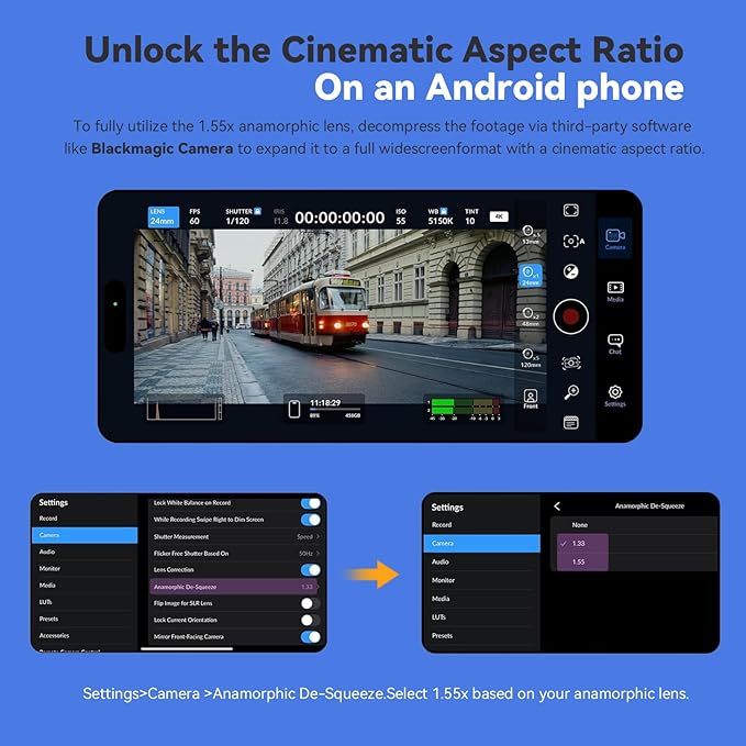 1.55x Anamorphic Lens Compatible with T Mount iPhone & Samsung - Cinematic Smartphone Lens with Ultra-Wide View, with APP Image Correction, Sci-Fi Blue Flare, and Enhanced Video Quality