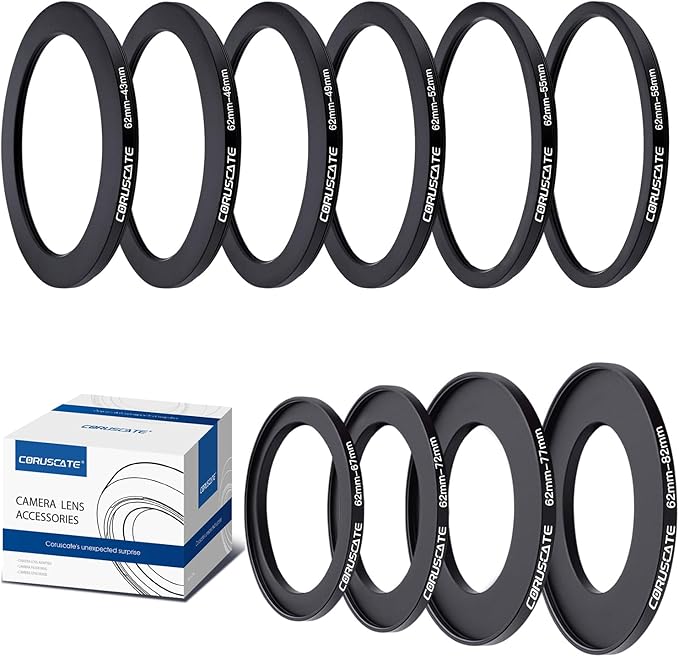 10Pcs 62mm Filter Ring Adapter Set,Filter Metal Stepping Rings for All Brands UV ND CPL (62-43mm,62-46mm,62-49mm,62-52mm,62-55mm,62-58mm,62-67mm,62-72mm,62-77mm,62-82mm)