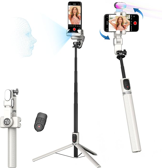 AOCHUAN Auto Face Tracking Tripod 360 Rotation w/Remote Control,Single-axis Phone Gimbal for iPhone Android w/RGB Light,Phone Tripod Follow You for Video Recording,TikTok Vlogging(M2Pro White)