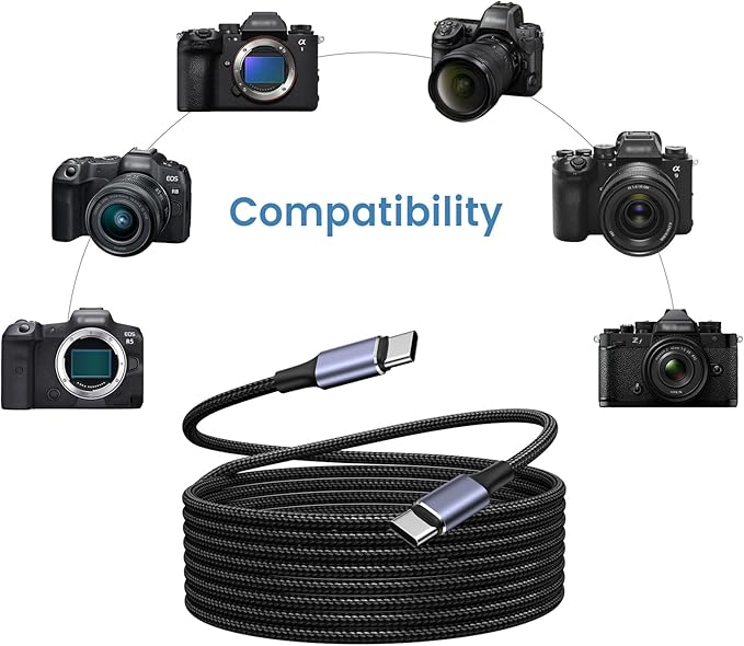 10 ft USB C Camera Tether Cable for Canon R5/R8/R6, USBC to USBC Tethering Charger for Sony A9 III/A1 II/A1/A9 II, Data Transfer for Nikon ZF/Z8/Z9