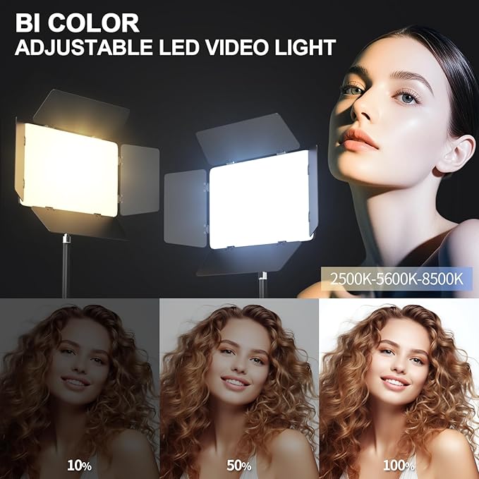 2 Pack LED Video Light with Barndoor, 30W Photography Lighting with Tripod Stand, 3000Lux CRI 98+ 2500K-8500K Studio Light Podcast Lighting for Video Recording, Game Live Streaming, Vlogging