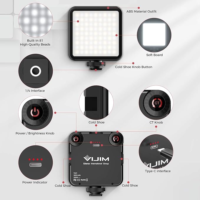 VIJIM LED Video Light, VL81 On Camera Light with 3 Cold Shoe Rechargeable 3000mAh Battery Bicolor Dimmable 3200K-5600K CRI95+ Portable Photography Photo Lighting Panel for YouTube DSLR Camcorder Vlog