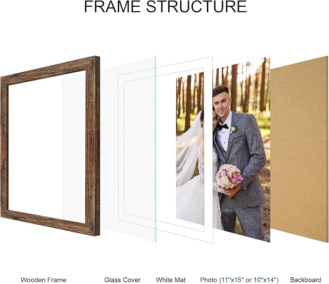 11x15 Picture Frame Set of 4, Made of Real Glass and Rustic Brown Frame - Display Picture 10x14 with Mat or 11x15 Without Mat, 11 by 15 Photo for Wall Mounting