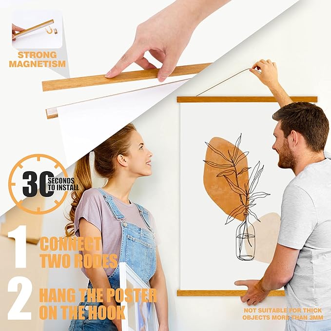 Ywlake Magnetic Poster Hanger, 15x21 15x30 15x20 Poster Frame Wood Wooden Magnet Print Posters Dowel Scroll Hanger Hangers Hanging Kit for Walls Map Canvas Artwork (Teak Wood, 15")