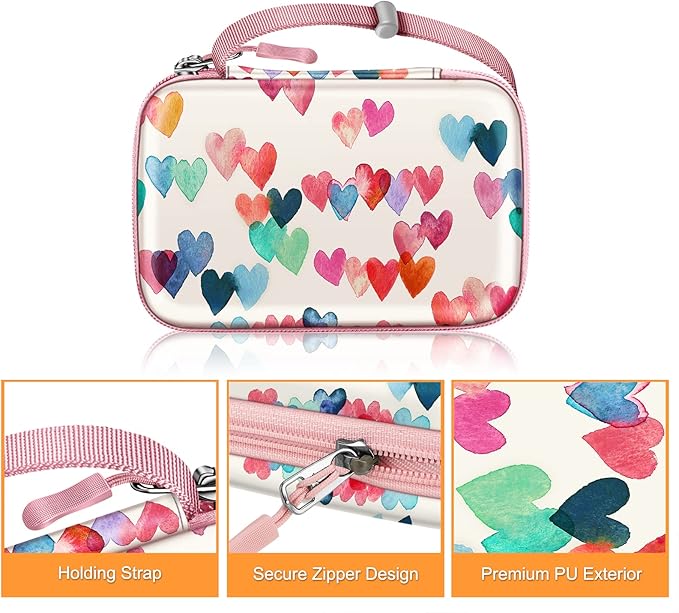 FINTIE Case for HP Sprocket Select/Sprocket Plus Smartphone Printer, Canon Ivy Mini/CLIQ 2/CLIQ+2 Instant Camera - Shockproof Hard Shell Carrying Case, Raining Hearts