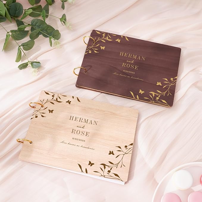 Custom Wedding Scrapbook Album, Personalized Wooden Wedding Photo Album Carved Flowers and Names, Anniversary Scrapbook Birthday Engagement Keepsake Gifts
