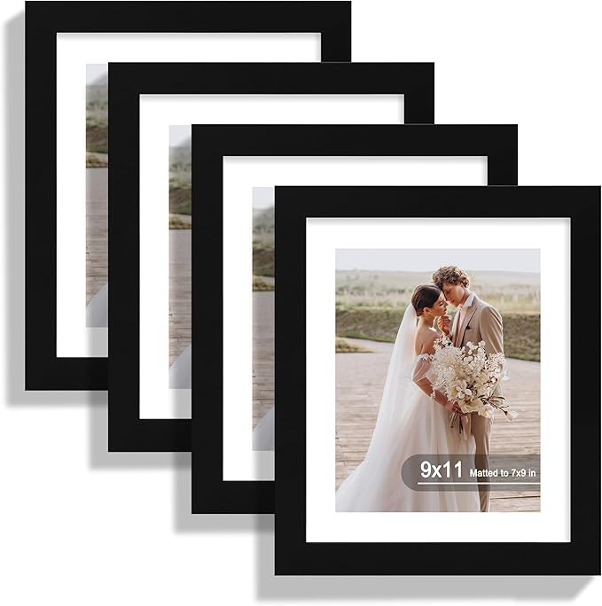 9x11 Picture Frame Set of 4, Made of Real Glass and Black Frame - Display Picture 7x9 with Mat or 9x11 Without Mat, 9 by 11 Photo for Wall or Tabletop