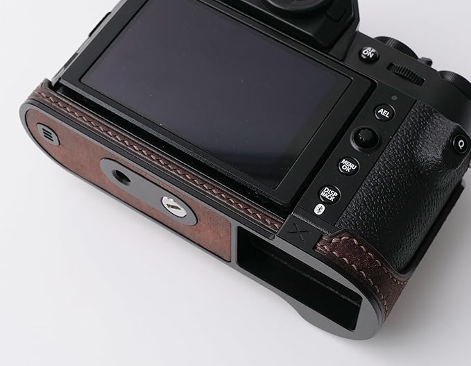 Handmade Genuine Leather Camera Half Case for Fujifilm X-T50 - Top Layer Cowhide Body + Metal Base Plate - Hand Shank Free Design (Dark Brown)