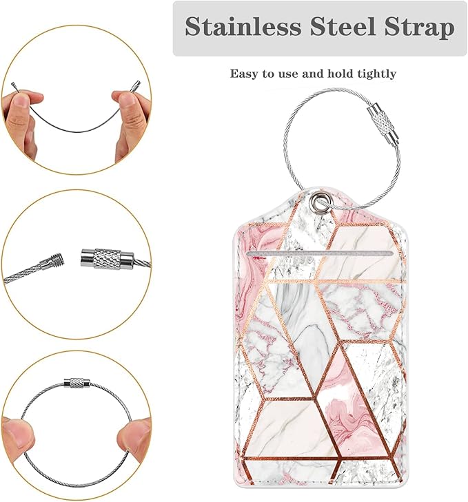 (Set of 2) Luggage Tag Leather Privacy Cover ID Label Address Card with Stainless Steel Loop, Travel Bag Tags Suitcase Labels,Gold Pink Marble