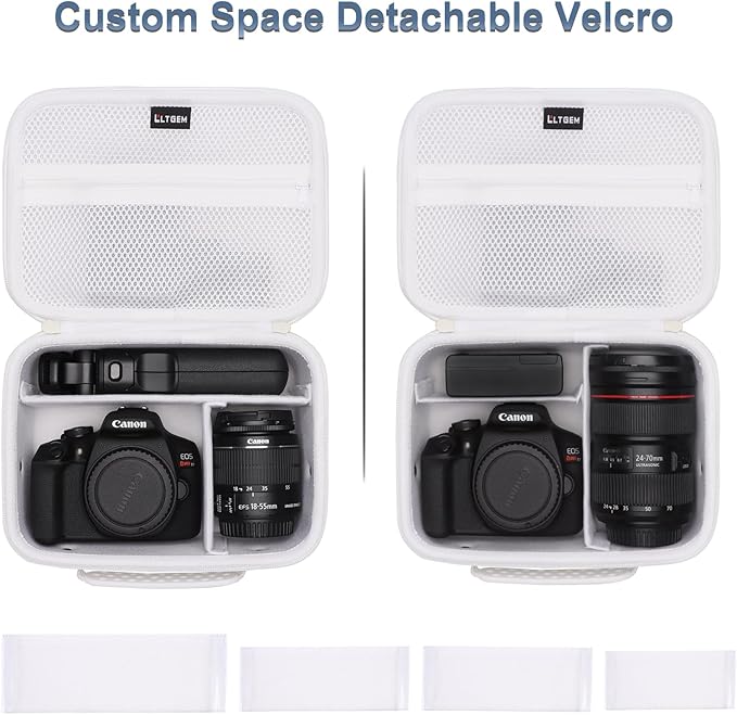 Camera Case Compatible with Canon EOS Rebel T7/R50/R6 Mark II/R100/R50 V/T6/R8/R10/R5 Mark II/RP/R7/5D Mark IV/SL3/R5/T100 DSLR SLR Camera, Len and Tripod with 4 Dividers and Shoulder Strap, White