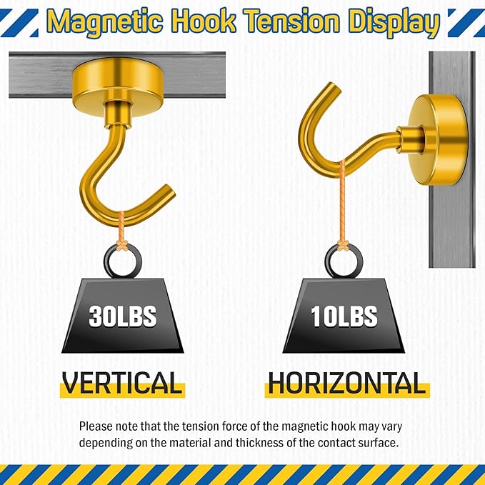 FINDMAG Magnetic Hooks for Cruise Cabins, 30lbs Powerful Magnets with Hooks, N52 Rare Earth Magnetic Hooks for Hanging, Strong Magnet Hooks Heavy Duty for Kitchen, Workshop, Tool, Travel, 6 Pack, Gold