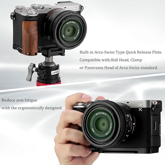 Leftfoto A7CR/A7C II Handgrip L-Shape Bracket with Wooden Grip for Sony A7CR/A7C2 Camera,with Built-in Bottom Arca Quick Release Plate,Ergonomic Retro - Styled Side Handle for Enhanced Grip