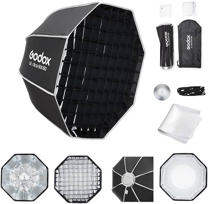 Godox Softbox Godox Octa-60 Bowens Mount Octagonal Softbox, 23.6Inch/60Cm Quick Release SOFTBOX, with Diffusers/Grip/Diffuser Plate,Compatible with GODOX/Aputure/SMALLRIG/Neewer(UL-Octa Box 60)
