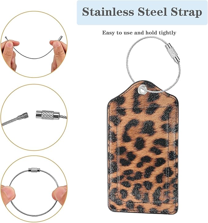 (Set of 2) Luggage Tag Leather Privacy Cover ID Label Address Card with Stainless Steel Loop, Travel Bag Tags Suitcase Labels, Leopard Leather