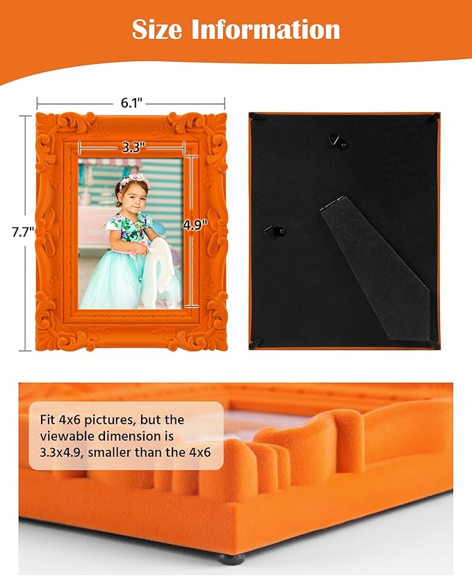 Orange Picture Frame 4x6 for Shelf Desk Table Decor, Colorful Ornate Frame with Velvet Touch for Diamond Paintings Art Prints Posters, Modern Gallery Wall Frames for Bedroom Decoration (Orange)