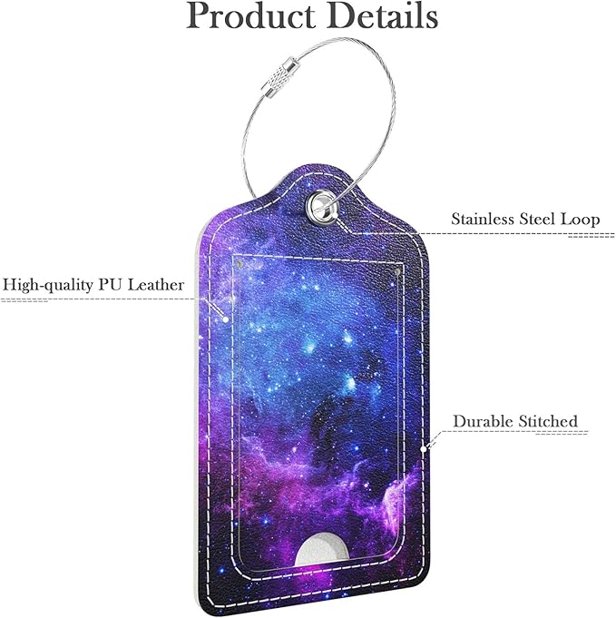 Luggage Tags for Suitcase, 2 Pack PU Leather Travel Cruise Luggage Tag with Privacy Flap, Name ID Label and Metal Loop for Women Men Suitcase Baggage Bag Backpack Instrument, Mysterious Galaxy
