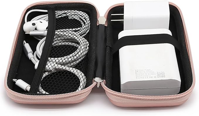 iMangoo Travel Essentials Electronics Organizer Charger Case Portable Dual Zipper Shockproof Pouch Tech Purse Cord Cable Pouches Power Bank Storage Accessories Bag for Women Men,6.5x3.2x1 Rose Gold