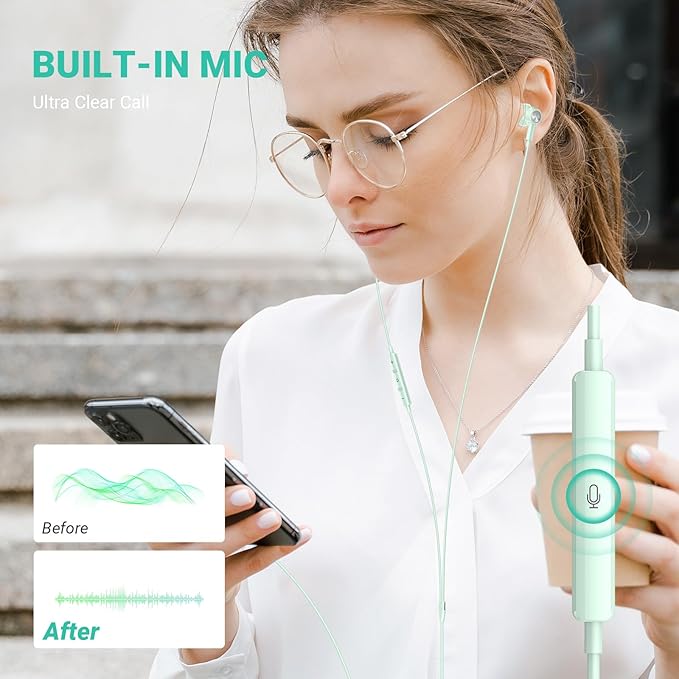 USB C Headphones for iPhone 17 Air 16 Pro Max 15, Type C Earphones with Microphone Magnet HiFi Stereo Wired Earbuds for Samsung Galaxy S26 S25 Ultra S24+ 23 A53 S21 S20 FE Flip 7 6 5/Pixel 10, Green