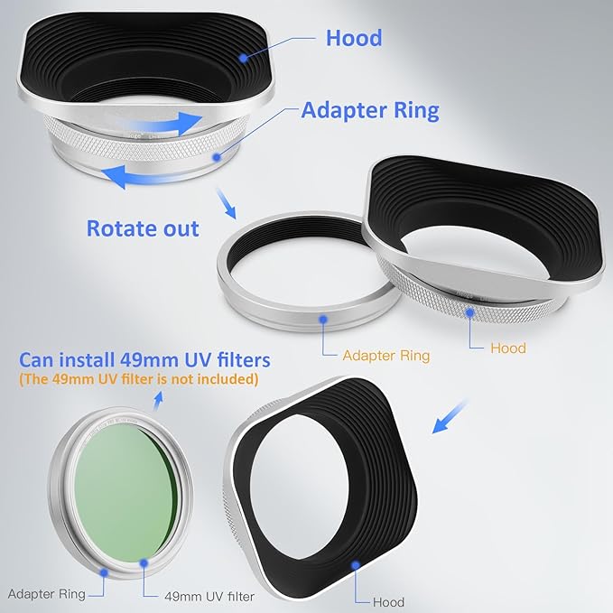 Haoge LH-EW3 Square Metal Lens Hood with 49mm Adapter Ring with Cap for Fujifilm Fuji FinePix X100 X100S X100T X100F X70 X100V Camera Replaces Fujifilm LH-X100 AR-X100 LH-X70 Silver