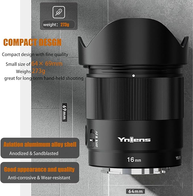 YONGNUO E Mount Lens, APS-C Frame Lenses for Sony E Mount, STM Auto Focus Prime Lens,35mm-50mm f/1.8 Lens for Sony ZV-E1, A1, A7RV, A7RIV, A7RIII, A7RII, A7R, A7IV, A7III, A7SIII, A7II (16mm F1.8)