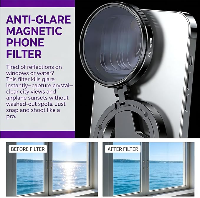 Anti-Glare Magnetic Phone Filter, 52mm CPL Polarizer, Foldable Portable Lens Attachment - Reduces Reflections & Enhances Colors for Phone
