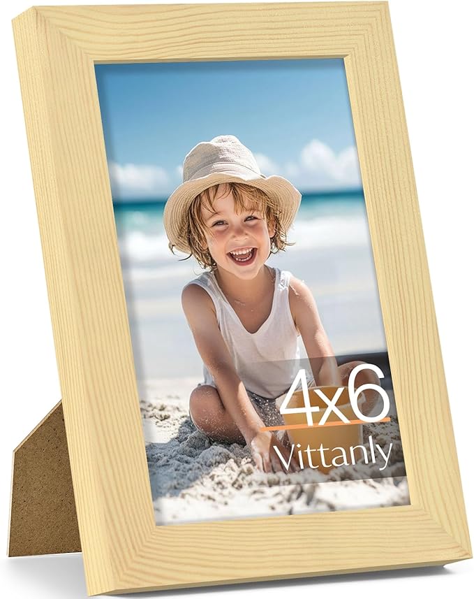Vittanly 4x6 Picture Frame, Made of Solid Wood and Shatterproof Plexiglass, Wooden Photo Frame for Wall Mounting or Tabletop Display, Picture Frame for Home Decor with Stand, Natural, 1 Pack