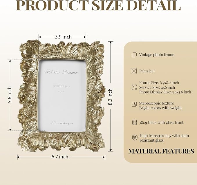 Cuspin Vintage 4x6 Picture Frame, Gold Frames Palm Leaves Textured Hand-Crafted Resin with Glass Front, Elegant Retro Photo Frame for Wall Hanging and Tabletop Display Home Decor