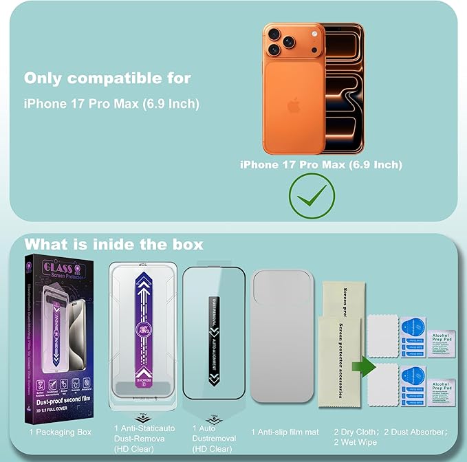 SHANG PIN JIA 2 Pack Screen Protector Tempered Glass for 17 Pro Max 6.9-Inch Auto Dust Removal, No Bubbles, High Definition Clear, Easy Installation
