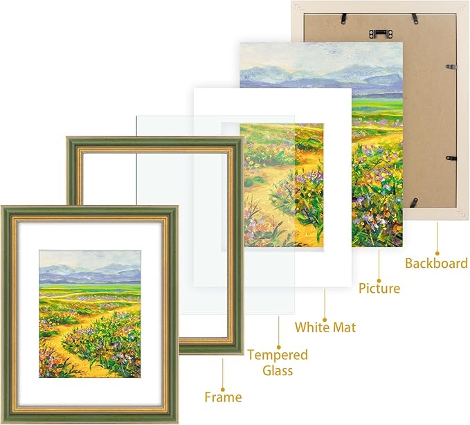 Golden State Art,11x14 Ornate Picture Frame for 8x10 Photo with Mat or 11 x 14 Prints Without Mat, Real Glass Wall Display Horizontally or Vertically (Color:Green Gold)