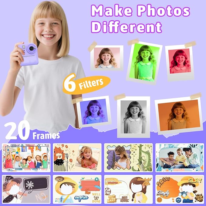 Okaloka Kids Instant Print Camera Toys,1080P HD Toddler Digital Video Camera,Christmas Birthday Gifts for Girls Boys Age 3-12 Year Old - 32G SD Card Included (Purple)
