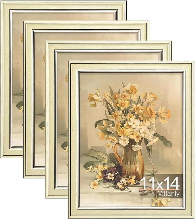 Vittanly 11x14 Picture Frame Set of 4, Vintage Photo Frame for Wall Mount, Display 8x10 Pictures with Mat or 11x14 without Mat, Rustic Farmhouse Home Decor, Beige
