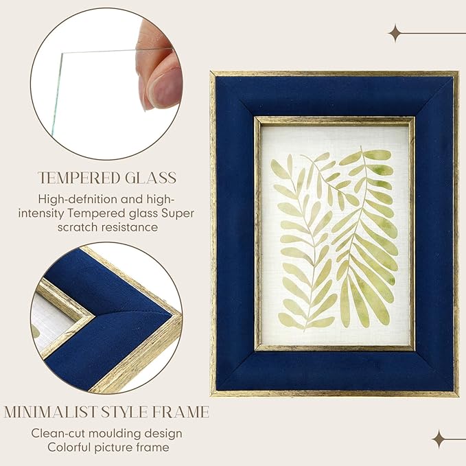 Kathfly 1 Pcs Navy Blue Velvet Picture Frame 5 x 7 Inch Vintage Photo Frame with Gold Metal Edge Horizontal & Vertical Mount for Poster Artwork Puzzle Tabletop Wall Display Christmas Home Office Decor