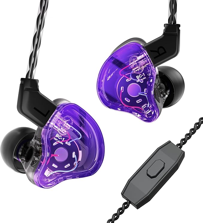 CCZ Melody Gaming iem Earphones, in ear Monitors with Clear Sound, hifi 1DD 1BA Drivers Wired Earbuds, 3.5mm Plug in Headphones with Comfortable Ear fins for PC Laptop Computer (Purple, microphone)